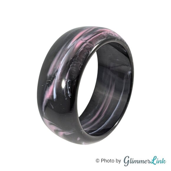 Retro Wide Dome Black Pink Swirl Plastic Resin Bangle Bracelet - Picture 7 of 11